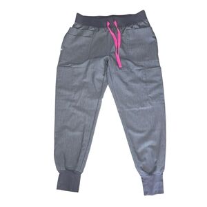 Figs Nepal Jogger Scrub Pants in Gray with Pink Drawstring Womens Size S/P